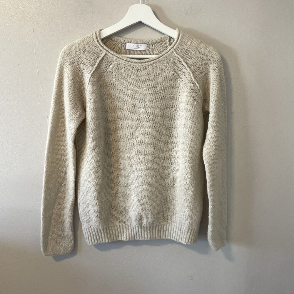 TONET Wool Blend Knit Crew Neck Sweater Sz 42 Made In Italy Sequence Accents